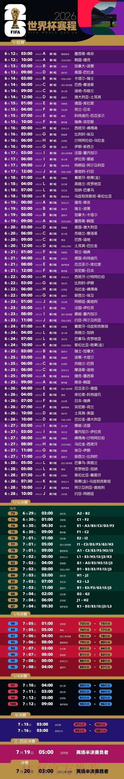 2026世界杯每日赛程一览全程直播免费观看